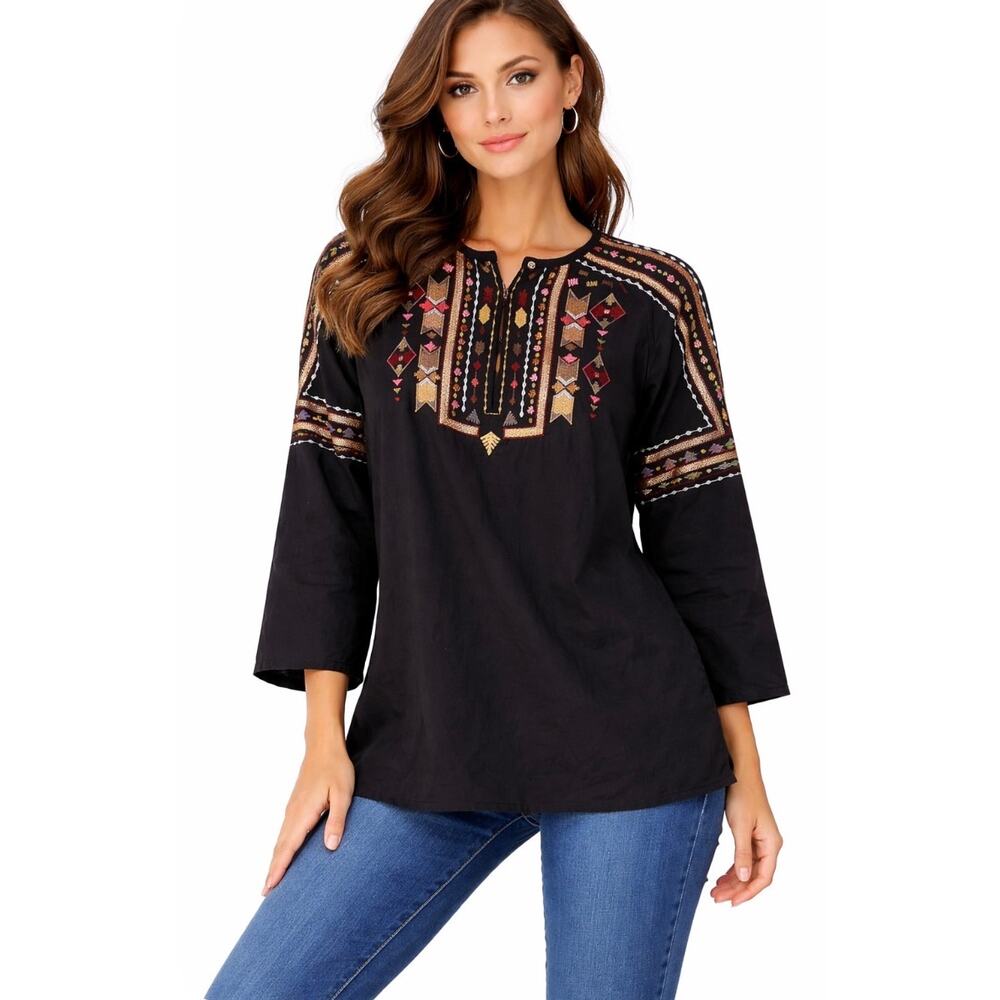 L'AGENCE Tunic Shirt Size XS Black Boho Embroidered MSRP‎ $280